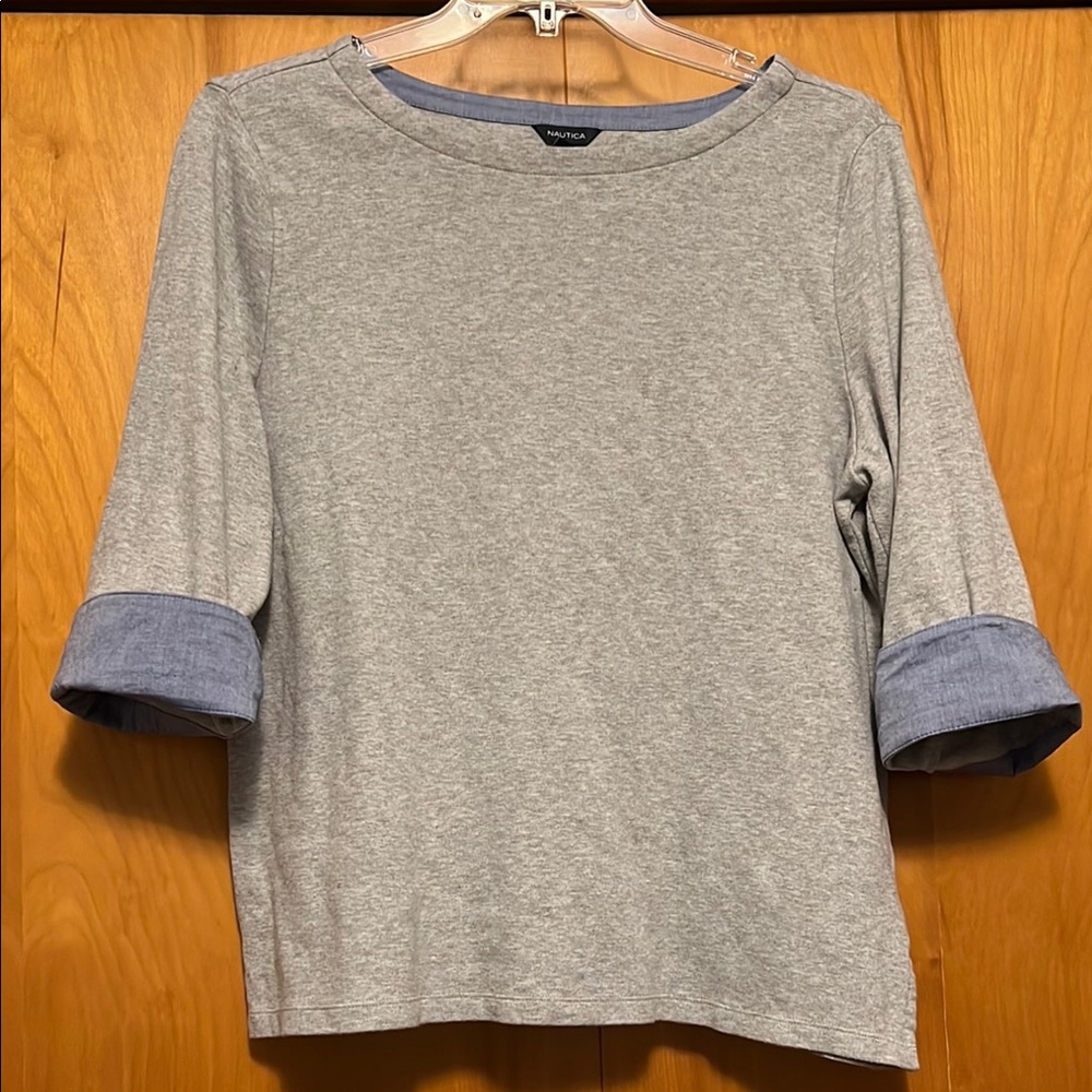 Nautica Gray Light Sweatshirt Top with Blue Chambray Trim Size XXL
